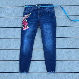 Kut from the Kloth Dark Blue Skinny Jeans with Red/Pink/Green Floral Embroidery